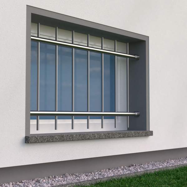 Fenstergitter aus Edelstahl Rundrohr ø 26,9 mm, Montage in der Fenster-Laibung. Höhe 500 - 900 mm / 2 Gurte